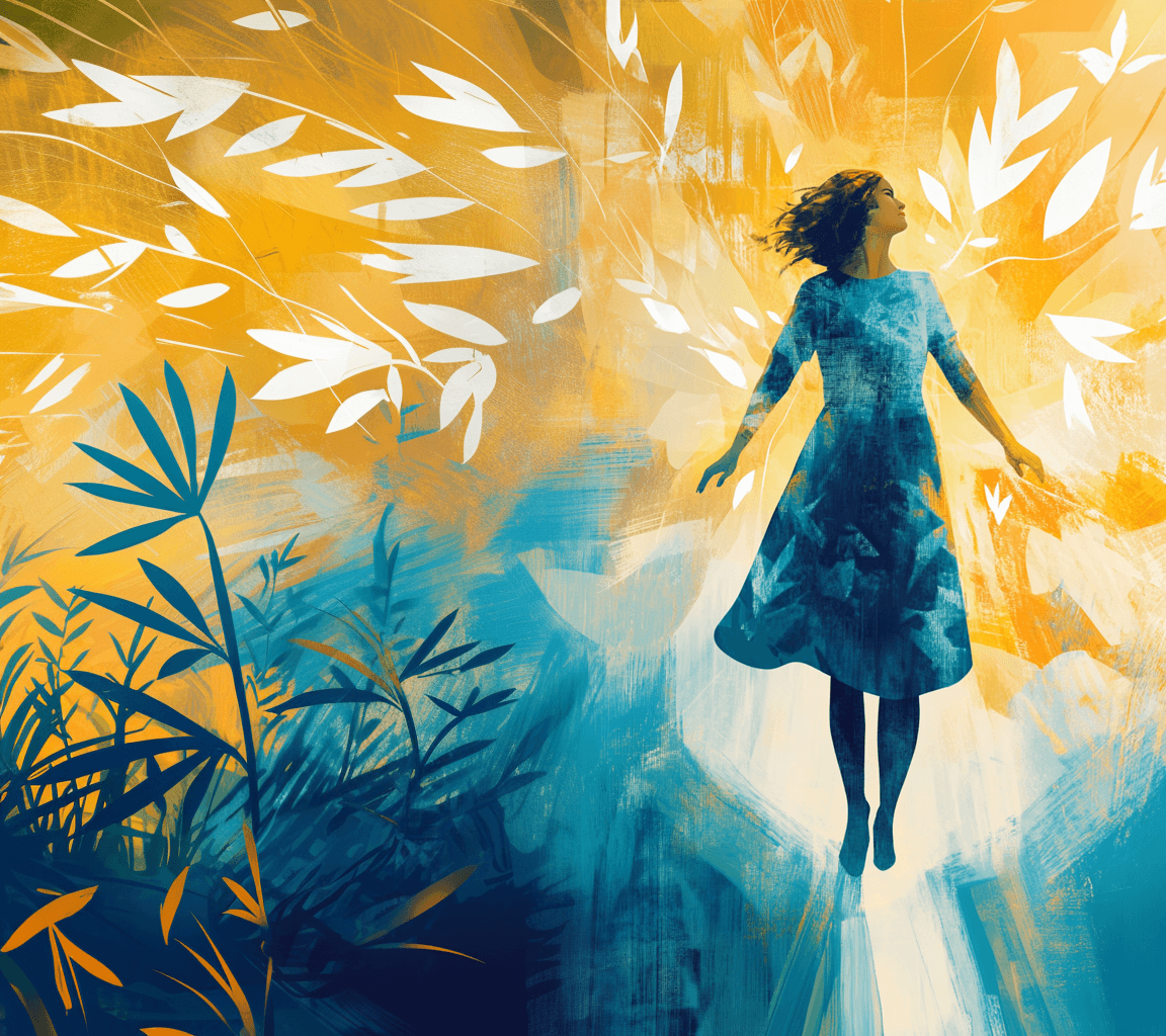 A painting of a woman lifting off the ground as leaves scatter around her