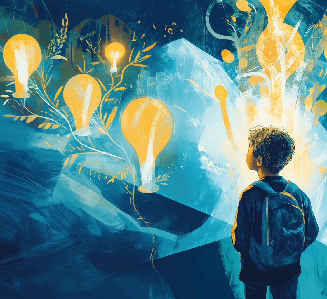 A painting of a boy with a backpack looking up at glowing lightbulbs growing like plants