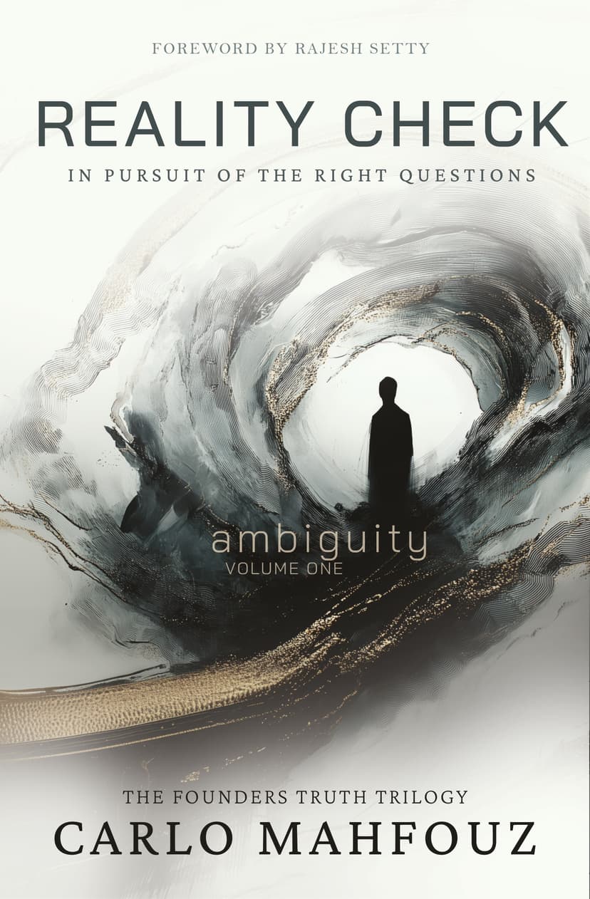 The cover of Reality Check, Volume I of The Founders Truth trilogy: a lone figure standing in the eye of a swirl of grey ink and gold